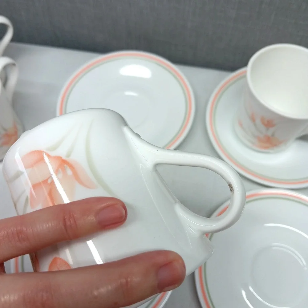Vintage Corelle Peach Floral Cup Saucer Set‎ 4 Pink Green Stripe USA